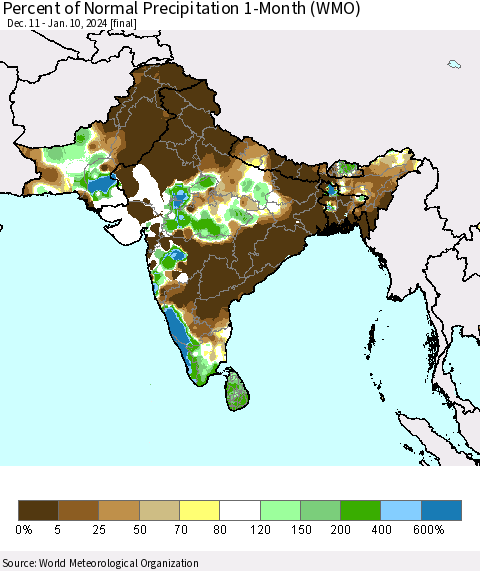 Southern Asia Percent of Normal Precipitation 1-Month (WMO) Thematic Map For 12/11/2023 - 1/10/2024