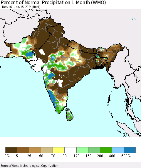 Southern Asia Percent of Normal Precipitation 1-Month (WMO) Thematic Map For 12/16/2023 - 1/15/2024