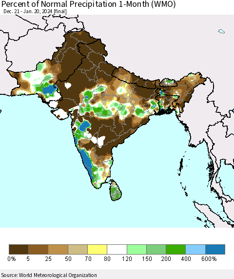 Southern Asia Percent of Normal Precipitation 1-Month (WMO) Thematic Map For 12/21/2023 - 1/20/2024