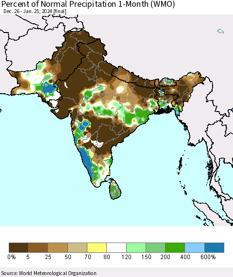 Southern Asia Percent of Normal Precipitation 1-Month (WMO) Thematic Map For 12/26/2023 - 1/25/2024