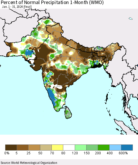 Southern Asia Percent of Normal Precipitation 1-Month (WMO) Thematic Map For 1/1/2024 - 1/31/2024