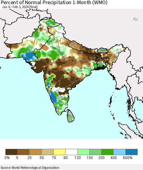 Southern Asia Percent of Normal Precipitation 1-Month (WMO) Thematic Map For 1/6/2024 - 2/5/2024