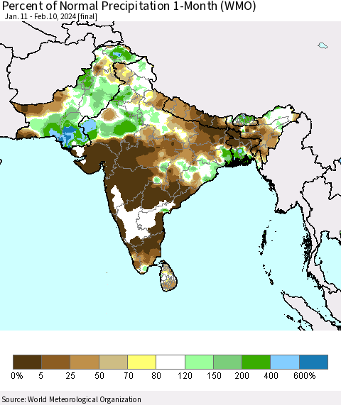 Southern Asia Percent of Normal Precipitation 1-Month (WMO) Thematic Map For 1/11/2024 - 2/10/2024