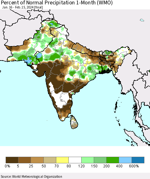 Southern Asia Percent of Normal Precipitation 1-Month (WMO) Thematic Map For 1/16/2024 - 2/15/2024