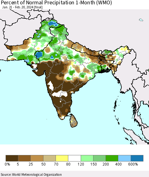 Southern Asia Percent of Normal Precipitation 1-Month (WMO) Thematic Map For 1/21/2024 - 2/20/2024
