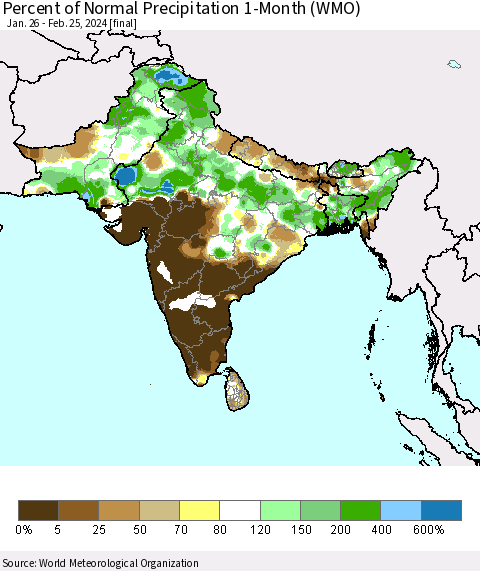 Southern Asia Percent of Normal Precipitation 1-Month (WMO) Thematic Map For 1/26/2024 - 2/25/2024