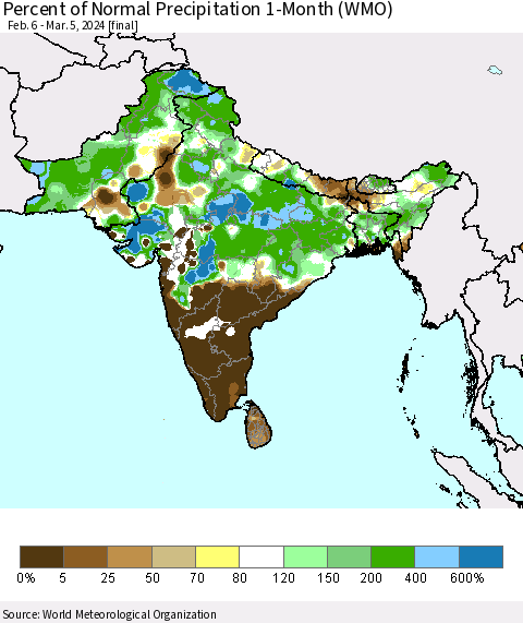 Southern Asia Percent of Normal Precipitation 1-Month (WMO) Thematic Map For 2/6/2024 - 3/5/2024