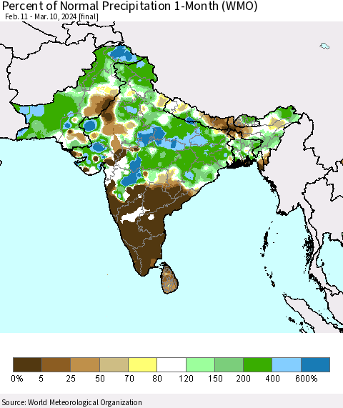 Southern Asia Percent of Normal Precipitation 1-Month (WMO) Thematic Map For 2/11/2024 - 3/10/2024