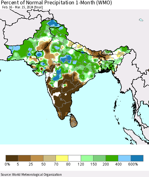 Southern Asia Percent of Normal Precipitation 1-Month (WMO) Thematic Map For 2/16/2024 - 3/15/2024