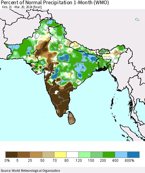 Southern Asia Percent of Normal Precipitation 1-Month (WMO) Thematic Map For 2/21/2024 - 3/20/2024