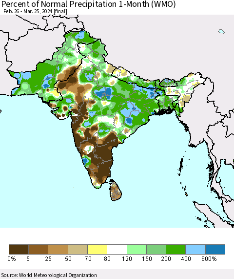 Southern Asia Percent of Normal Precipitation 1-Month (WMO) Thematic Map For 2/26/2024 - 3/25/2024