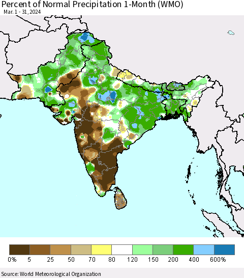 Southern Asia Percent of Normal Precipitation 1-Month (WMO) Thematic Map For 3/1/2024 - 3/31/2024