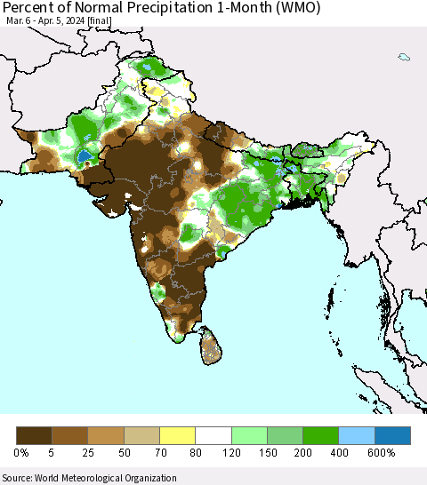 Southern Asia Percent of Normal Precipitation 1-Month (WMO) Thematic Map For 3/6/2024 - 4/5/2024