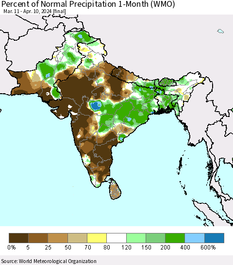 Southern Asia Percent of Normal Precipitation 1-Month (WMO) Thematic Map For 3/11/2024 - 4/10/2024