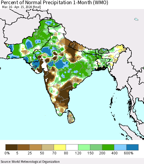 Southern Asia Percent of Normal Precipitation 1-Month (WMO) Thematic Map For 3/16/2024 - 4/15/2024