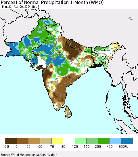 Southern Asia Percent of Normal Precipitation 1-Month (WMO) Thematic Map For 3/21/2024 - 4/20/2024
