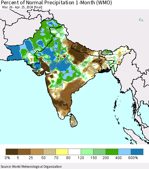 Southern Asia Percent of Normal Precipitation 1-Month (WMO) Thematic Map For 3/26/2024 - 4/25/2024