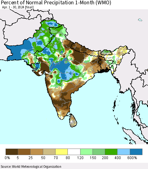 Southern Asia Percent of Normal Precipitation 1-Month (WMO) Thematic Map For 4/1/2024 - 4/30/2024