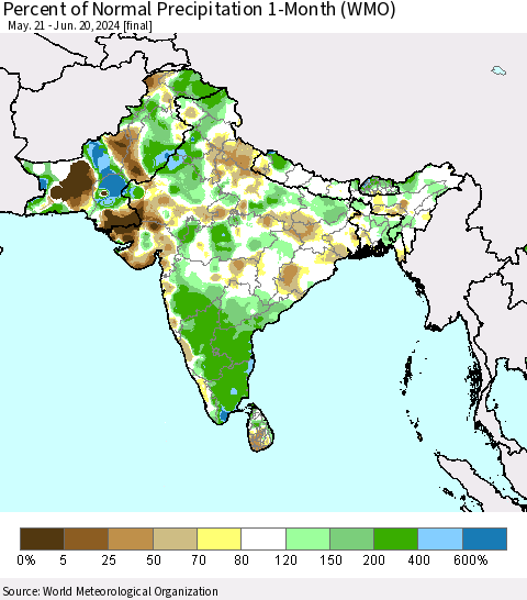 Southern Asia Percent of Normal Precipitation 1-Month (WMO) Thematic Map For 5/21/2024 - 6/20/2024