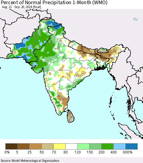 Southern Asia Percent of Normal Precipitation 1-Month (WMO) Thematic Map For 8/21/2024 - 9/20/2024