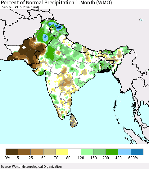 Southern Asia Percent of Normal Precipitation 1-Month (WMO) Thematic Map For 9/6/2024 - 10/5/2024