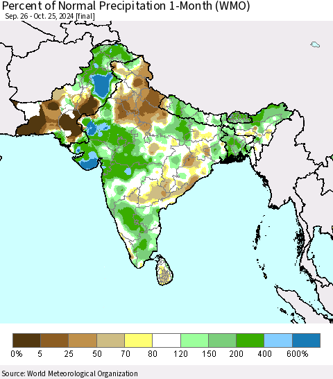 Southern Asia Percent of Normal Precipitation 1-Month (WMO) Thematic Map For 9/26/2024 - 10/25/2024