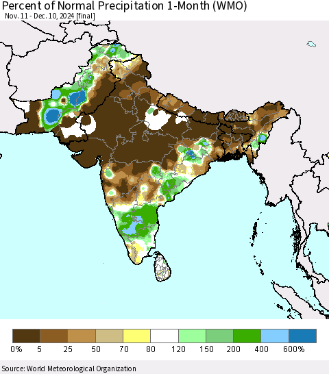 Southern Asia Percent of Normal Precipitation 1-Month (WMO) Thematic Map For 11/11/2024 - 12/10/2024