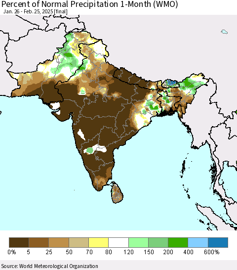 Southern Asia Percent of Normal Precipitation 1-Month (WMO) Thematic Map For 1/26/2025 - 2/25/2025