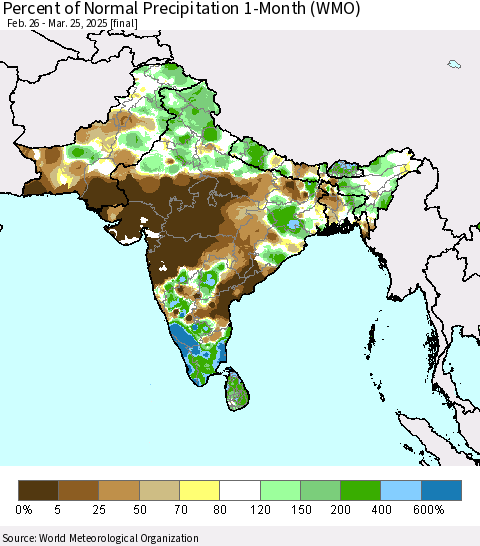 Southern Asia Percent of Normal Precipitation 1-Month (WMO) Thematic Map For 2/26/2025 - 3/25/2025