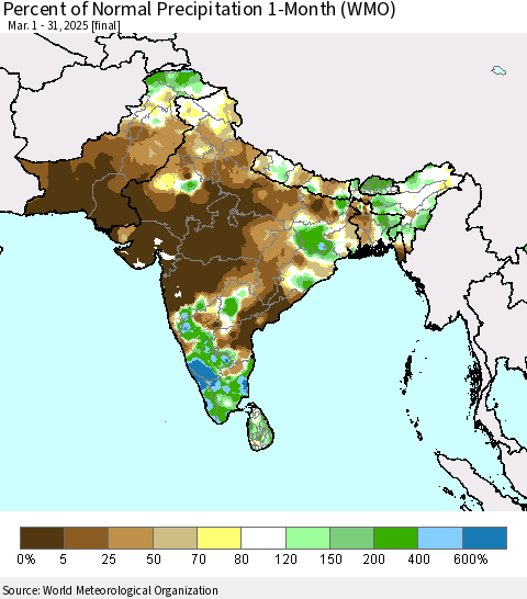 Southern Asia Percent of Normal Precipitation 1-Month (WMO) Thematic Map For 3/1/2025 - 3/31/2025