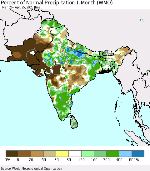 Southern Asia Percent of Normal Precipitation 1-Month (WMO) Thematic Map For 3/26/2025 - 4/25/2025
