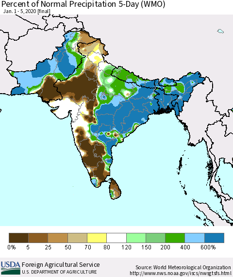Southern Asia Percent of Normal Precipitation 5-Day (WMO) Thematic Map For 1/1/2020 - 1/5/2020