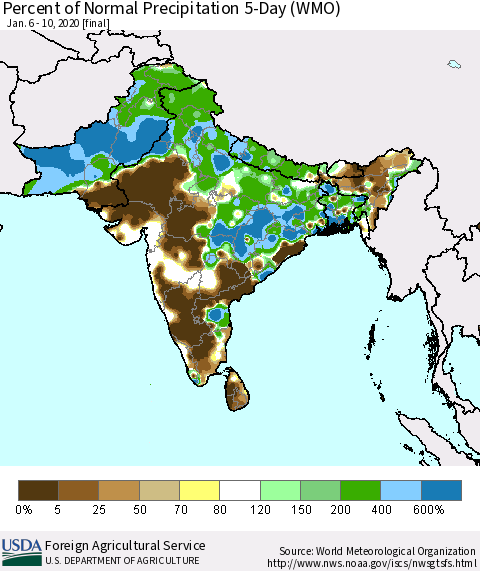 Southern Asia Percent of Normal Precipitation 5-Day (WMO) Thematic Map For 1/6/2020 - 1/10/2020