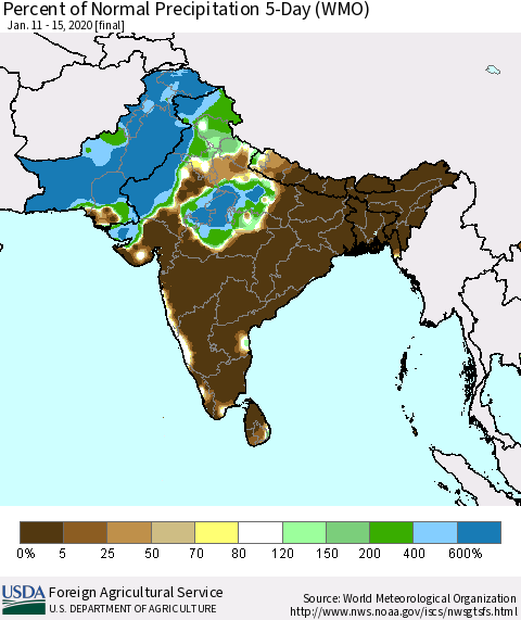 Southern Asia Percent of Normal Precipitation 5-Day (WMO) Thematic Map For 1/11/2020 - 1/15/2020