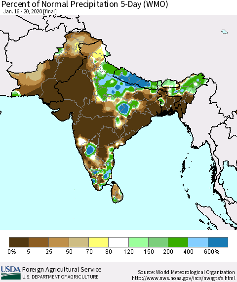 Southern Asia Percent of Normal Precipitation 5-Day (WMO) Thematic Map For 1/16/2020 - 1/20/2020