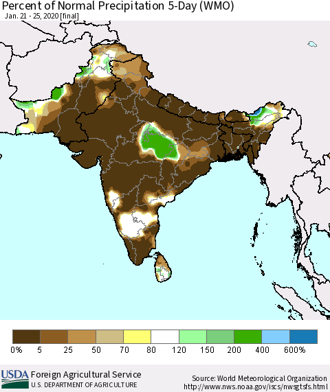Southern Asia Percent of Normal Precipitation 5-Day (WMO) Thematic Map For 1/21/2020 - 1/25/2020