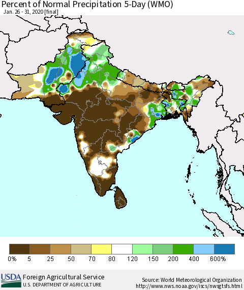 Southern Asia Percent of Normal Precipitation 5-Day (WMO) Thematic Map For 1/26/2020 - 1/31/2020