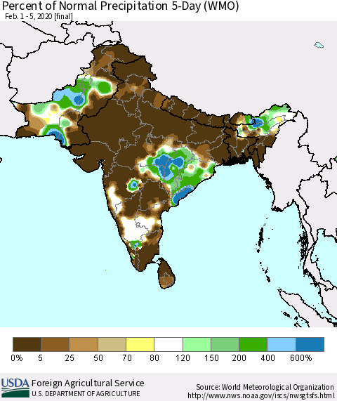 Southern Asia Percent of Normal Precipitation 5-Day (WMO) Thematic Map For 2/1/2020 - 2/5/2020
