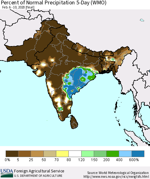 Southern Asia Percent of Normal Precipitation 5-Day (WMO) Thematic Map For 2/6/2020 - 2/10/2020
