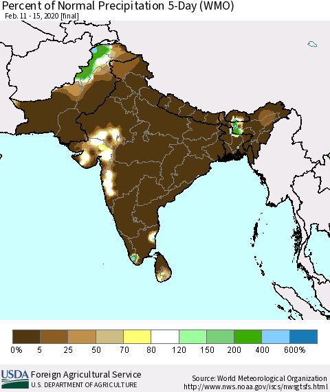 Southern Asia Percent of Normal Precipitation 5-Day (WMO) Thematic Map For 2/11/2020 - 2/15/2020