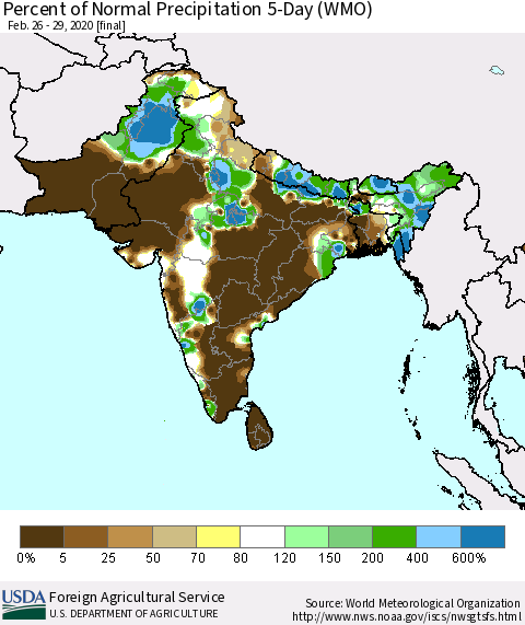 Southern Asia Percent of Normal Precipitation 5-Day (WMO) Thematic Map For 2/26/2020 - 2/29/2020