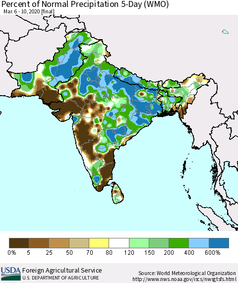 Southern Asia Percent of Normal Precipitation 5-Day (WMO) Thematic Map For 3/6/2020 - 3/10/2020