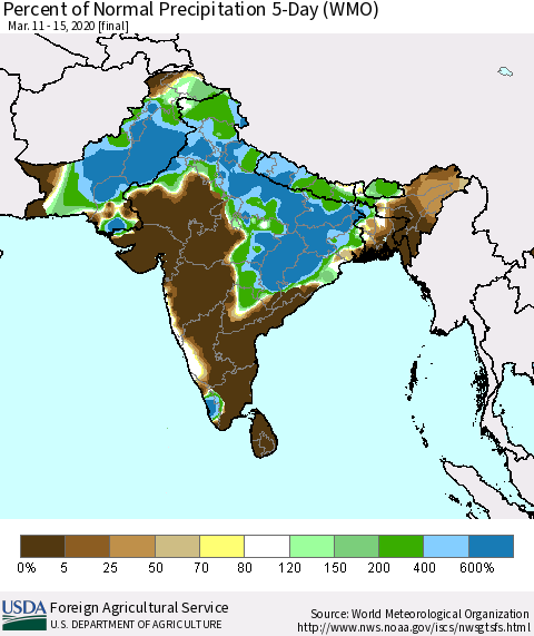 Southern Asia Percent of Normal Precipitation 5-Day (WMO) Thematic Map For 3/11/2020 - 3/15/2020