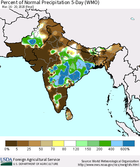 Southern Asia Percent of Normal Precipitation 5-Day (WMO) Thematic Map For 3/16/2020 - 3/20/2020