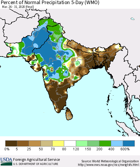 Southern Asia Percent of Normal Precipitation 5-Day (WMO) Thematic Map For 3/26/2020 - 3/31/2020