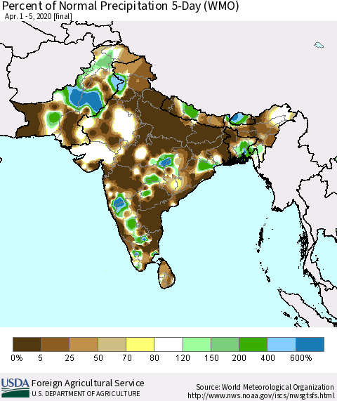 Southern Asia Percent of Normal Precipitation 5-Day (WMO) Thematic Map For 4/1/2020 - 4/5/2020