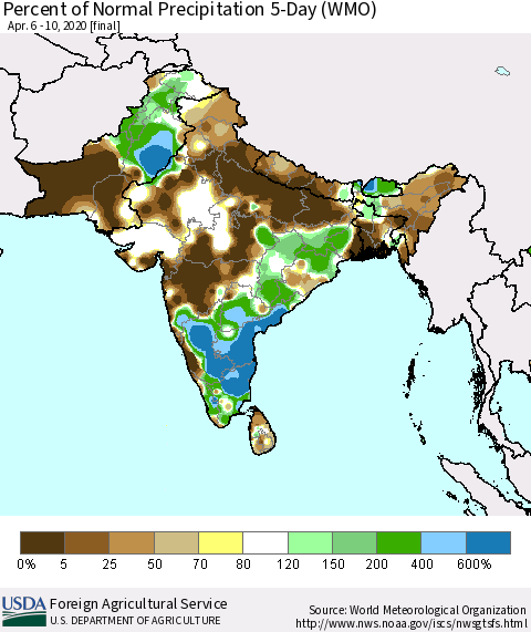 Southern Asia Percent of Normal Precipitation 5-Day (WMO) Thematic Map For 4/6/2020 - 4/10/2020