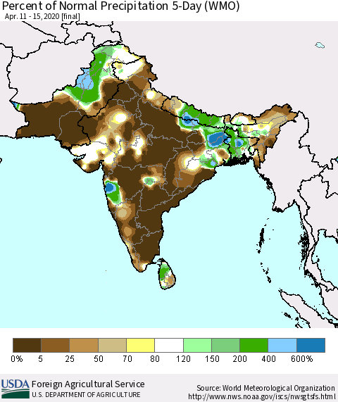 Southern Asia Percent of Normal Precipitation 5-Day (WMO) Thematic Map For 4/11/2020 - 4/15/2020