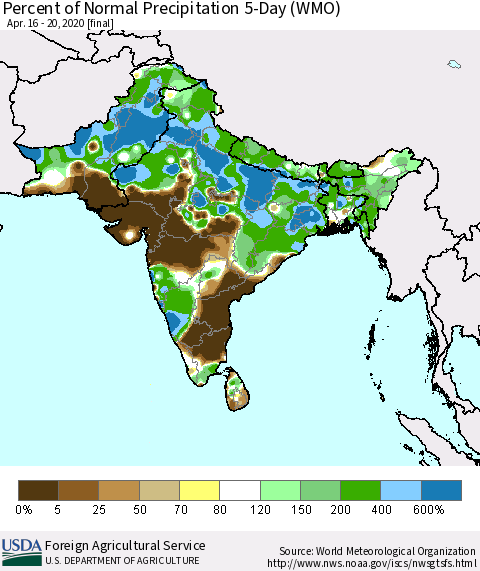 Southern Asia Percent of Normal Precipitation 5-Day (WMO) Thematic Map For 4/16/2020 - 4/20/2020