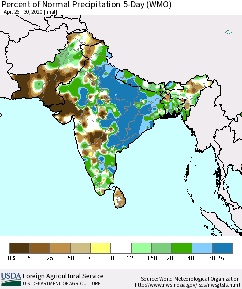 Southern Asia Percent of Normal Precipitation 5-Day (WMO) Thematic Map For 4/26/2020 - 4/30/2020